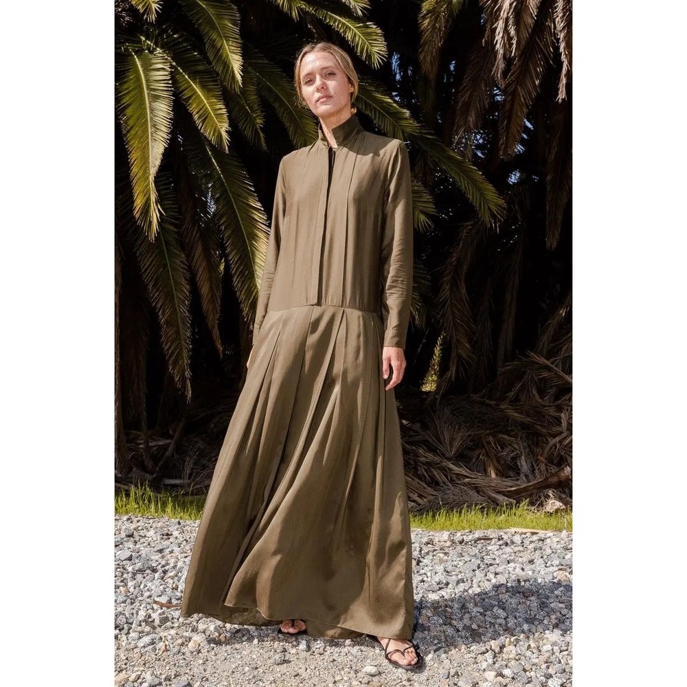Heidi Merrick Gatsby Dress Matte Olive Green Rayon Silk Blend Maxi Drop Waist M‎